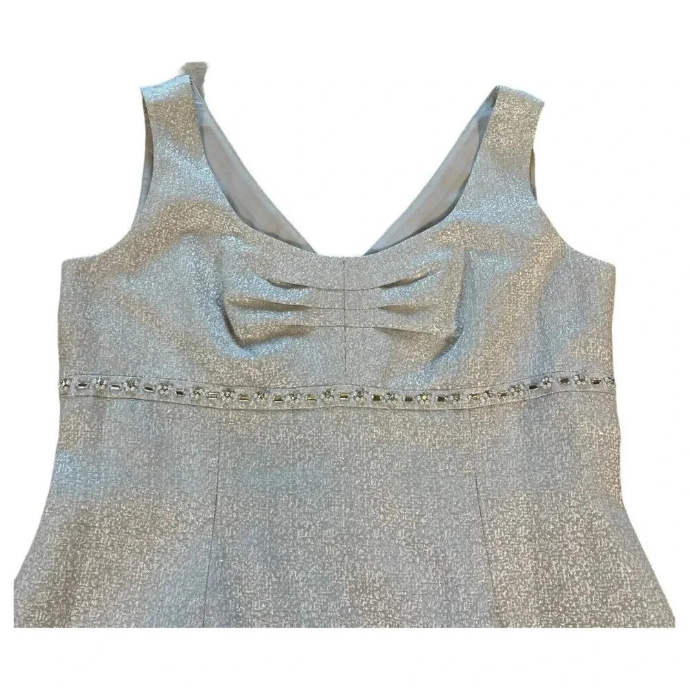 Tahari Metallic Silver Tweed Cocktail Dress Knee Length Party Sleeveless Size 14 - Picture 2 of 6